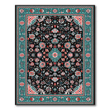 Black Persian Area Rug with Teal Red Florals