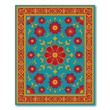 Teal Persian Floral Medallion Rug with Red Blooms Gold Border