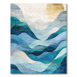 Teal Blue Abstract Waves Mountains Rug with Gold Sun