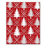 Festive White Christmas Trees on Red Geometric Rug