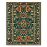 Teal Green Persian Rug with Orange Geometric Motifs