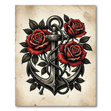 ODIKA Traditional Tattoo Anchor and Red Roses Washable Area Rug - Low Pile, Non-Slip, Pet & Kid Friendly