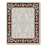 Ornate Grey Damask Area Rug with Mahogany Frame