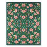 Emerald Green Pink Peony Floral Area Rug