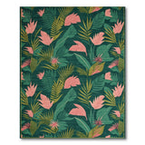 Lush Teal Green Palm Leaves Pink Blooms Area Rug