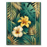 ODIKA Tropical Hibiscus Washable Rug - Green & Gold Palm Leaf Low Pile Area Rug