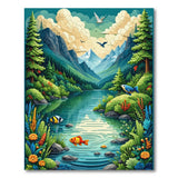 Serene Mountain Valley with Colorful Fish Area Rug