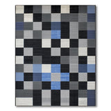 Modern Geometric Patchwork Area Rug in Black, White Blue