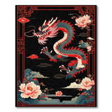 Washable Black Oriental Dragon & Peony Low Pile Area Rug