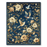 Navy Peony and Songbirds Floral Area Rug