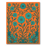 Teal Daisy Floral Area Rug on Vibrant Orange