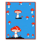 Whimsical Red Mushroom Area Rug on Blue