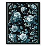 Elegant White Roses Teal Leaves Black Area Rug