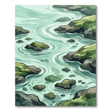 Teal Flowing Stream Mossy Rocks Area Rug