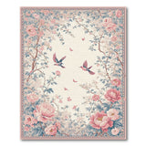 Vintage Pink Peony Garden Rug with Birds Butterflies
