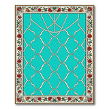 Teal Lattice Geometric Rug with Floral Border