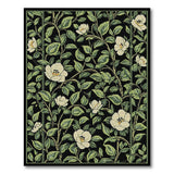 Vintage White Blossom Black Area Rug with Green Leaves