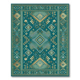 Blue and Teal Teal Gold Geometric Heritage Tribal Area Rug