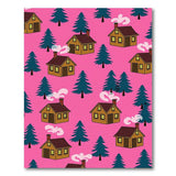 Pink Cartoon Log Cabins Pine Trees Area Rug