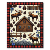 ODIKA Rustic Lodge Moose & Cabin Washable Area Rug, Low Pile Non-Slip Buffalo Plaid Border Rug