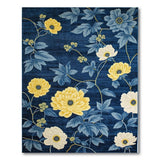 Navy Blue Floral Area Rug with Yellow Peonies Teal Leaves