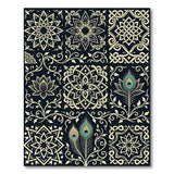 Peacock Mandala Area Rug Black with Teal Feathers