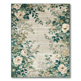 Elegant White Rose Teal Vine Floral Area Rug
