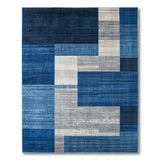 Navy Blue Grey Geometric Block Area Rug