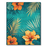 Teal Hibiscus Blooms Golden Palm Area Rug