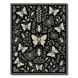 Black White Butterfly Insect Floral Area Rug