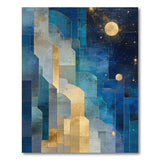 Geometric Blue Night Sky Area Rug with Gold Moon