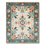 Teal Border Floral Cream Area Rug