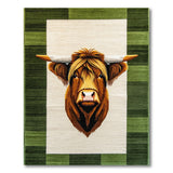 Highland Cow Head Rug with Green Plaid Border