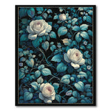 Vintage White Roses Teal Leaves Black Area Rug