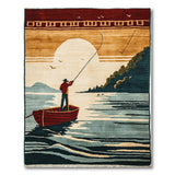 Tranquil Fisherman Sunrise Lake Scene Rug