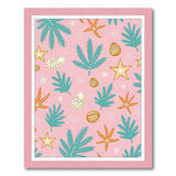 Pink Coastal Palm Leaves Starfish Shells Area Rug