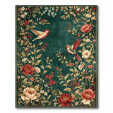Emerald Green Vintage Floral Bird Rug