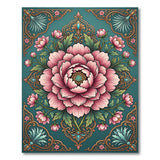 Ornate Pink Peony Teal Area Rug