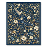 Navy Blue Floral Vintage Rug with Birds Branches