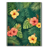 Tropical Hibiscus & Palm Leaves Washable Area Rug - Low Pile Non-Slip Floral Carpet