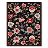 Red Peony Floral on Black Vintage Rug