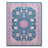 Navy Persian Area Rug with Pink Floral Motifs