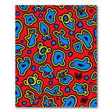 Vibrant Red Kids Cartoon Rug with Blue Whimsical Shapes