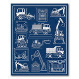Washable Navy Blue Construction Blueprint Kids Area Rug Low Pile Non-Slip