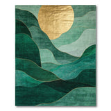Golden Sun Over Teal Green Abstract Waves Rug
