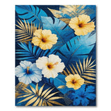 ODIKA Tropical Blue & Gold Hibiscus Washable Rug - Low Pile Non-Slip Area Rug