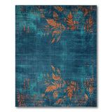 Teal Distressed Rug with Orange Leaf Motifs