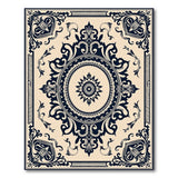 Ornate Beige Medallion Area Rug with Black Scrolls