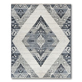 Blue Grey Tribal Geometric Fringe Area Rug