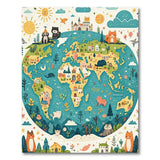 Whimsical Cartoon World Map Globe Rug with Cute Animals